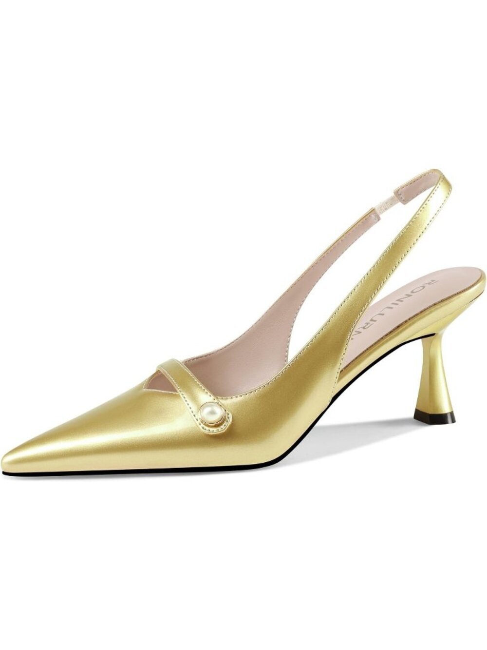 Women's Gold Faux Leather Closed Pointed Toe Slingback Stylish Elegent Low Heel